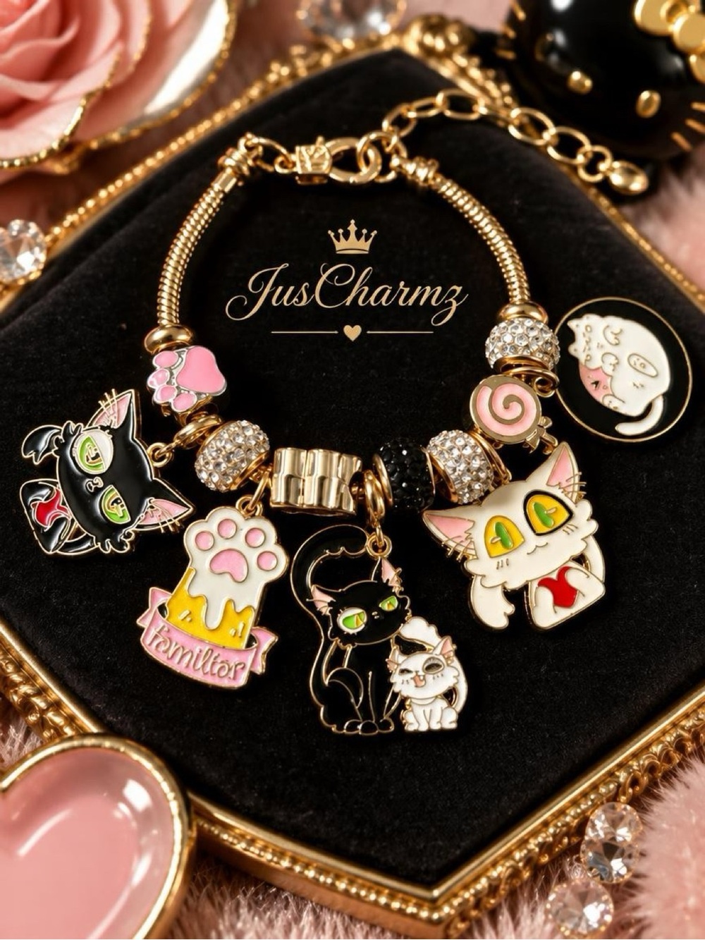 Cat Charm Bracelet with Pink Accents